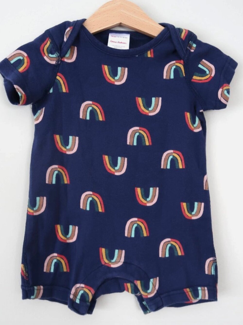 Hanna Andersson 12-18m Rainbow Print Short sleeve Navy Romper Unisex Boys Girls